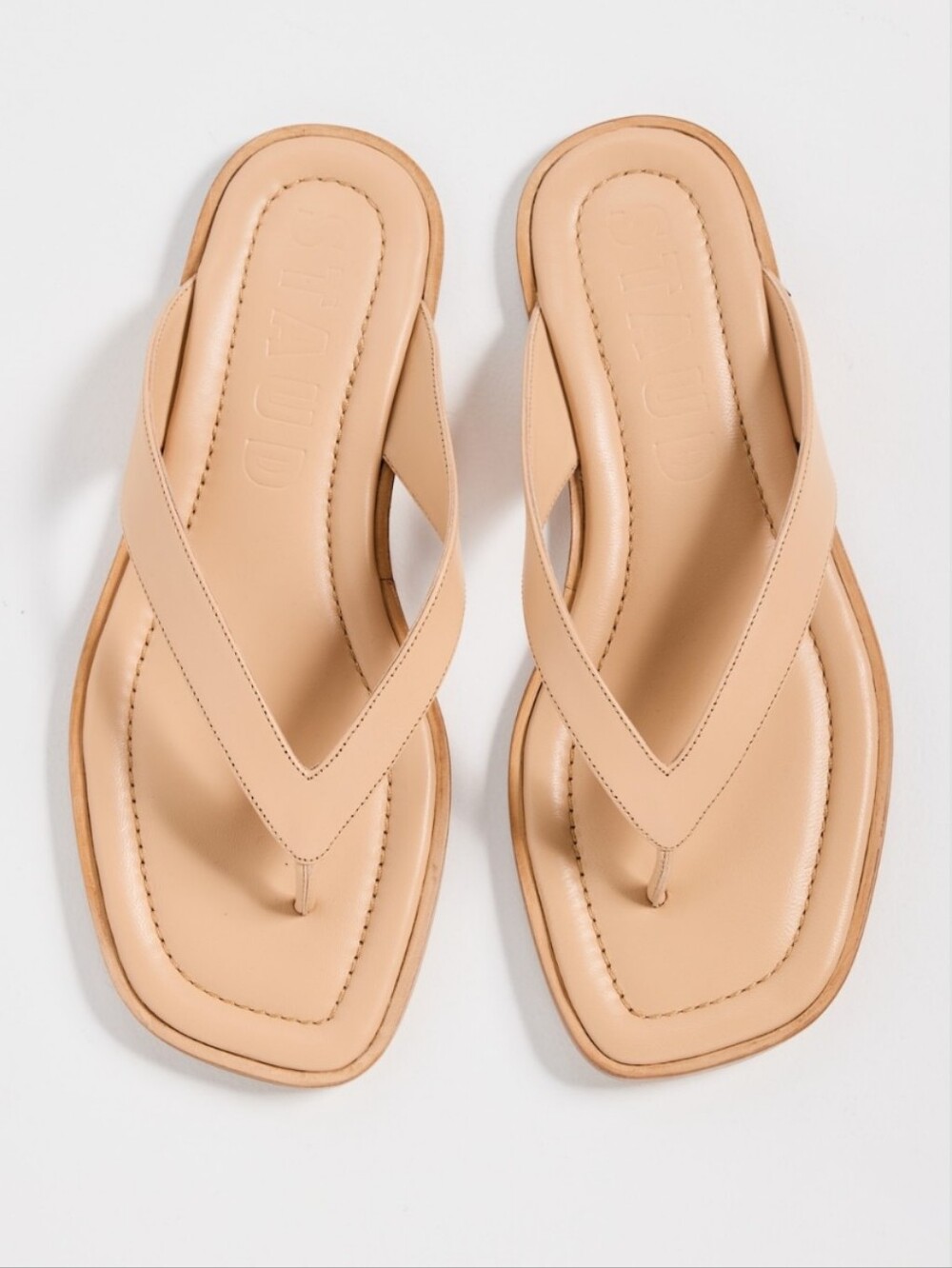 STAUD Dante Beige Square-Toe Leather Thong Sandals